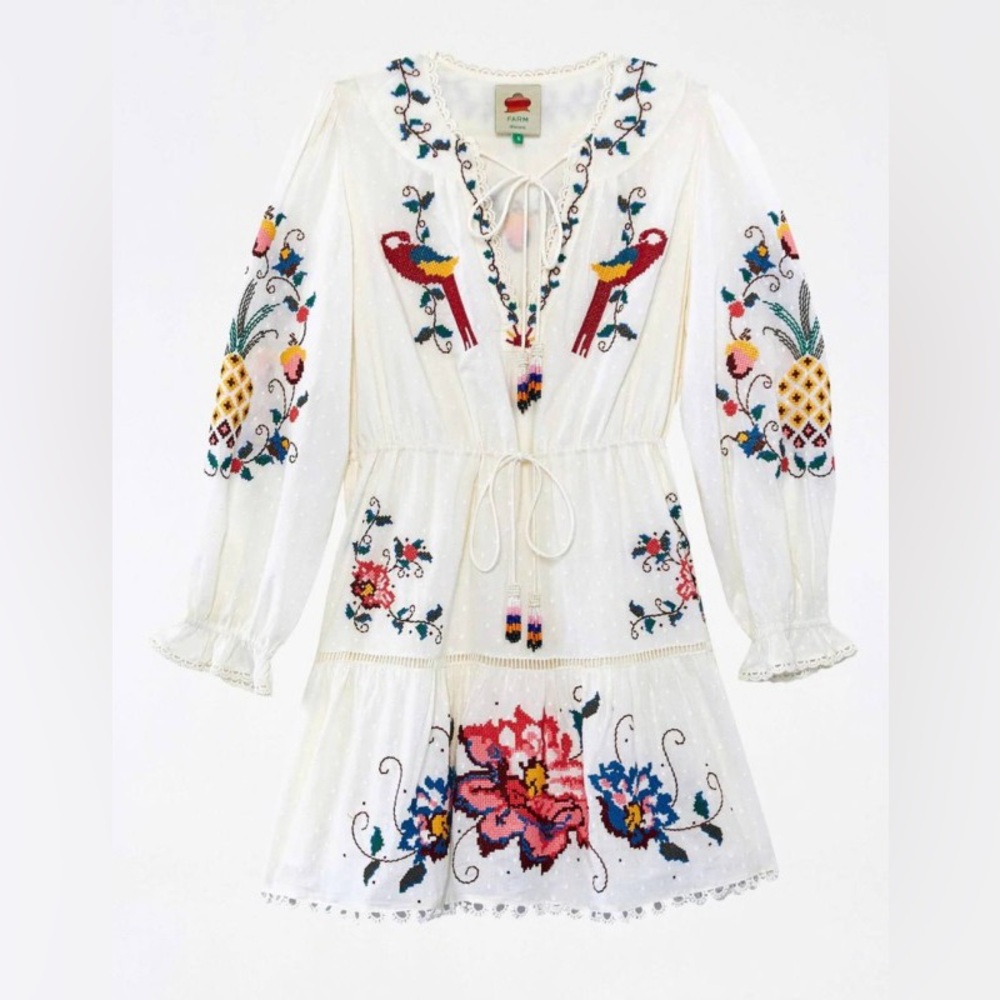 FARM Rio macaw cross stitch embroidered mini dress